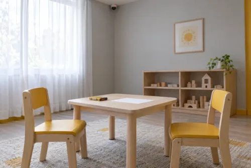 חדר חקירת ילדים ריק עם שולחן נמוך, קופסת צבעים ומצלמת תיעוד בפינה, להמחשת חקירה אצל חוקר ילדים בתיק אלימות במשפחה
